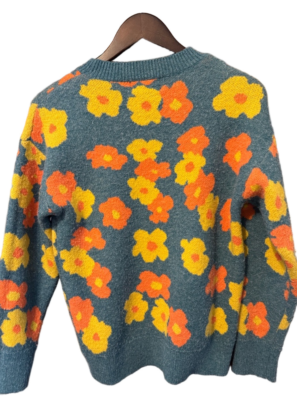 Cider Women's Teal Sweater with Orange and Yellow Floral Pattern Size M - Picture 3 of 5